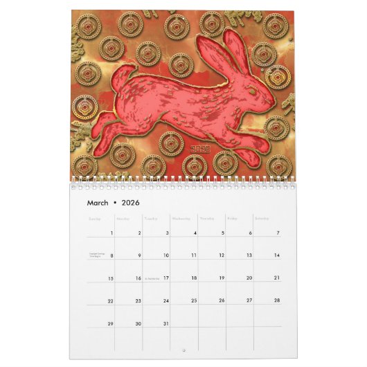 Calendrier Red Gold 2023 Année du Rabbit Nouvel An chinois (Mar 2026)