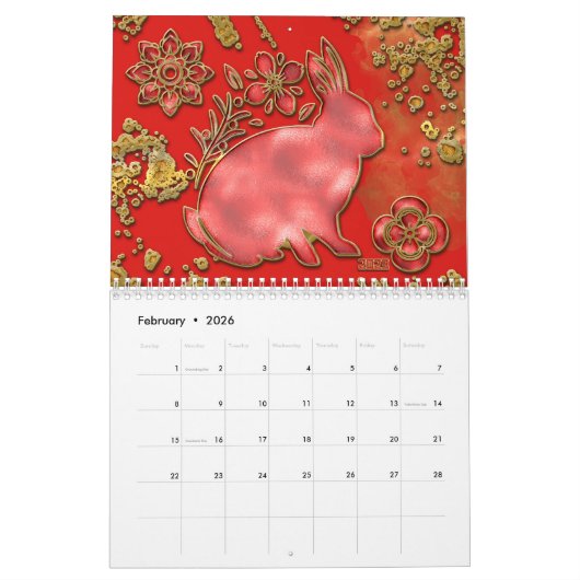 Calendrier Red Gold 2023 Année du Rabbit Nouvel An chinois (Feb 2026)