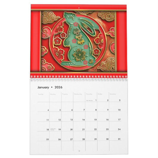 Calendrier Red Gold 2023 Année du Rabbit Nouvel An chinois (Jan 2026)