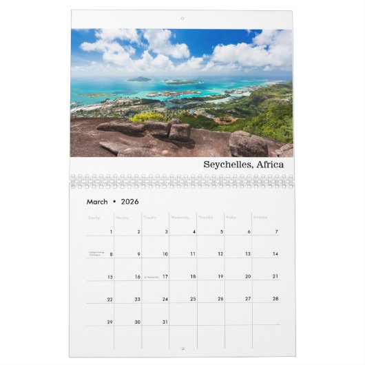 Calendrier rêveur de destinations (Mar 2026)