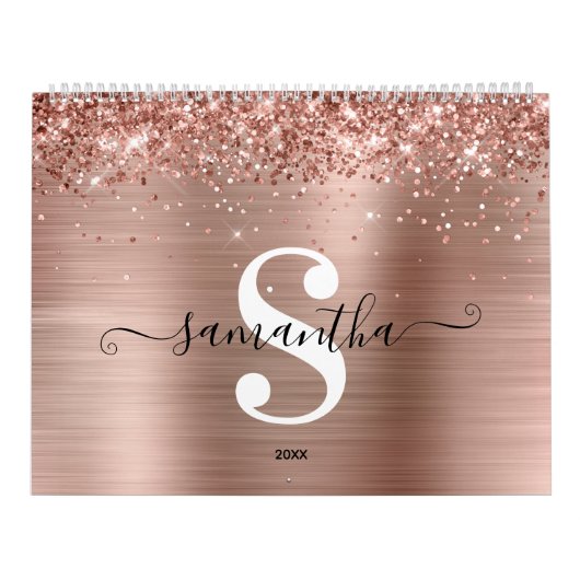 Calendrier Rose Glitter Gold Foil Signature Monogramme Photo (Protection)