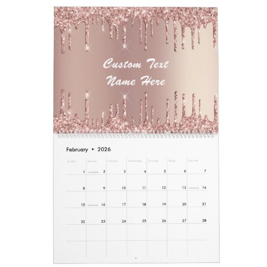 Calendrier Rose Gold Blush Parties scintillant Cadeau texte p (Feb 2026)