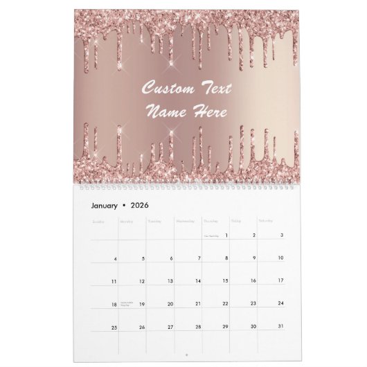 Calendrier Rose Gold Blush Parties scintillant Cadeau texte p (Jan 2026)