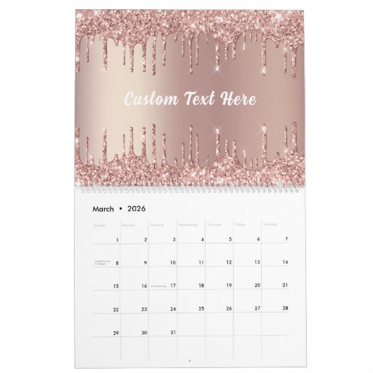 Calendrier Rose Gold Parties scintillant personnalisé Calendr (Mar 2026)