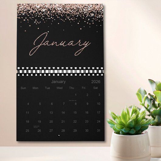 Calendrier Rose Noire Paillettes Or Élégant Moderne Script 20