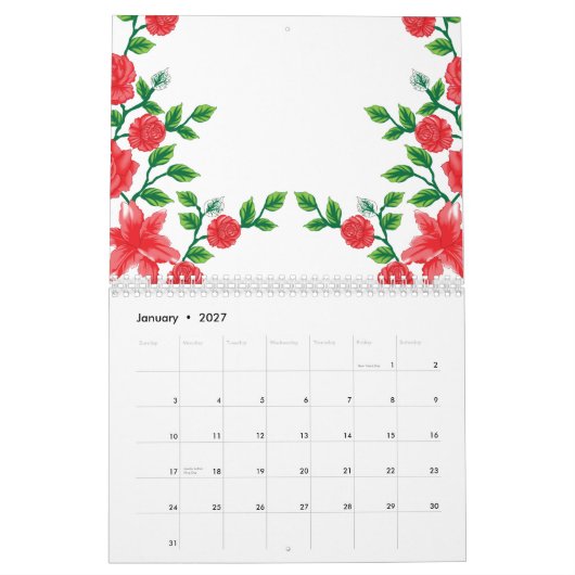 Calendrier Rose rouge avec pétales détaillés, représenté dans (Jan 2027)