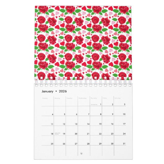 Calendrier Roses rouges Coeurs roses Joyeux Jour des Valentin (Jan 2026)