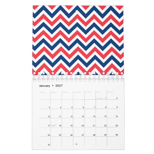 Calendrier Rouges Lignes Géométriques Blanches Zig Zag Baseba (Jan 2027)