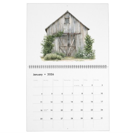 Calendrier Rustic Country 12 différentes Granges Personnalisé (Jan 2026)
