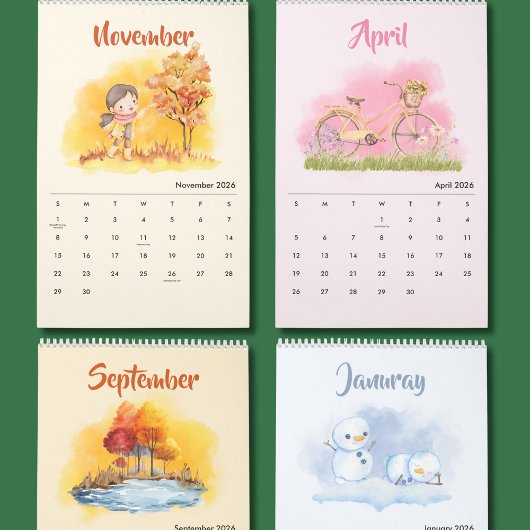 Calendrier Saisons Aquarelle 2026