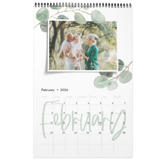 Calendrier Script photo d'eucalyptus minimal d'aquarelle mode (Feb 2026)