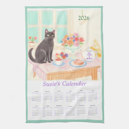 Calendrier Serviette de Cuisine Chat Noir & Thé (Vertical)