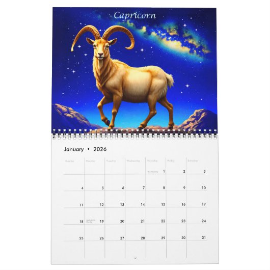 Calendrier Signes des illustrations du Zodiaque avec étoiles (Jan 2026)