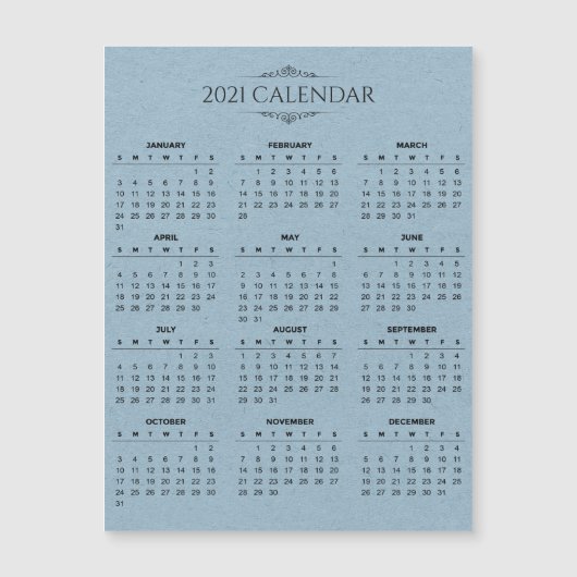Calendrier simple 2021 sur papier bleu carte magné (Devant)
