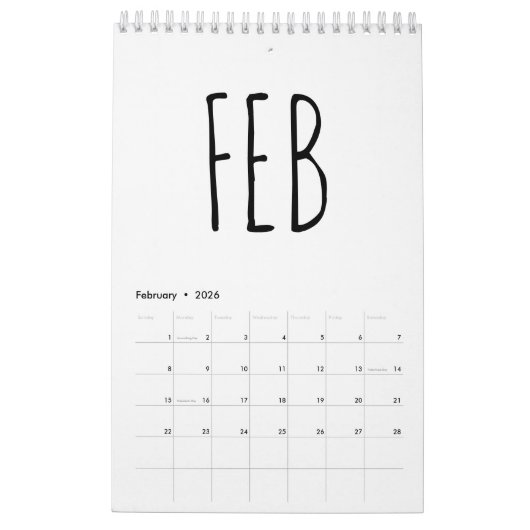 Calendrier Simple Black and White Script Writing 2026 (Feb 2026)