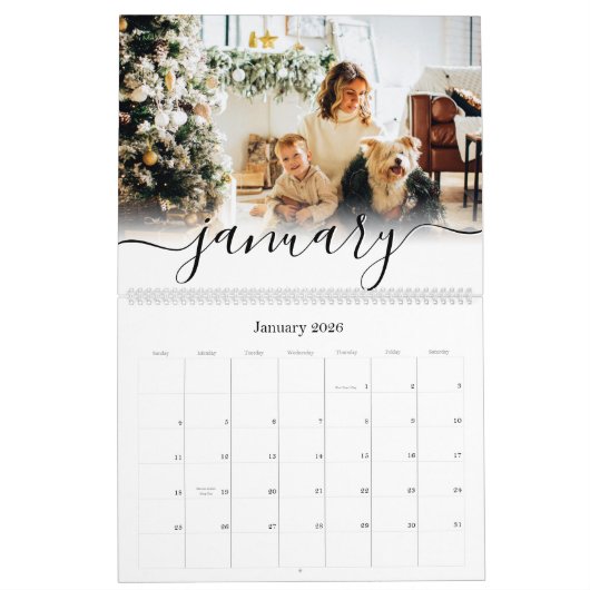 Calendrier Simple Élégant script manuscrit photo de famille (Jan 2026)