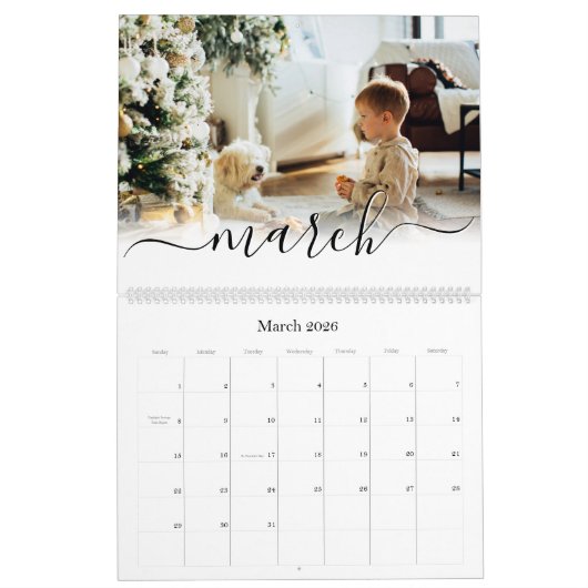 Calendrier Simple Élégant script manuscrit photo de famille (Mar 2026)