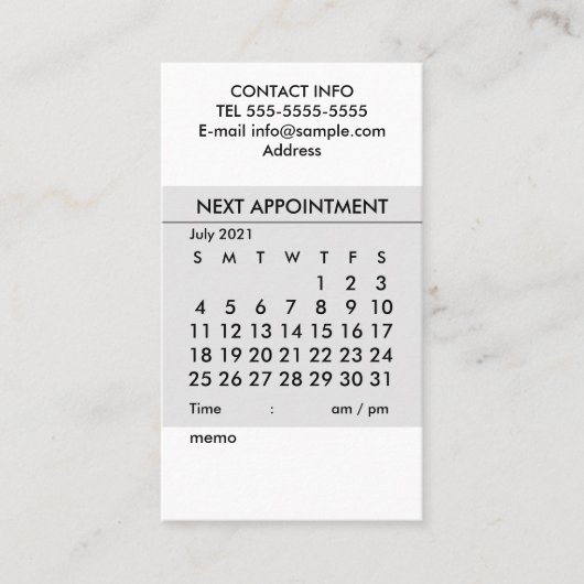 Calendrier simple Juillet 2021 Carte de visite (Devant)