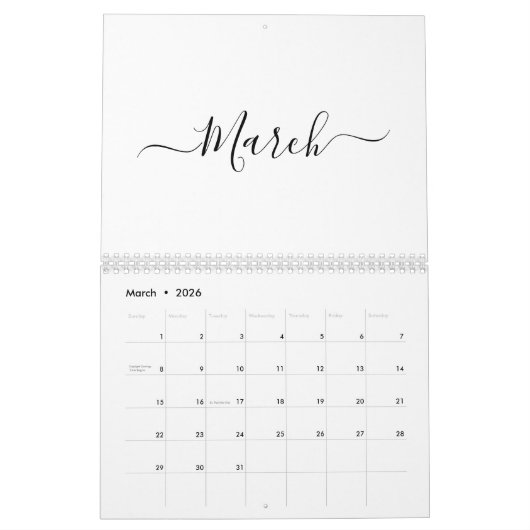 Calendrier Simple moderne blanc et noir script mois personnal (Mar 2026)