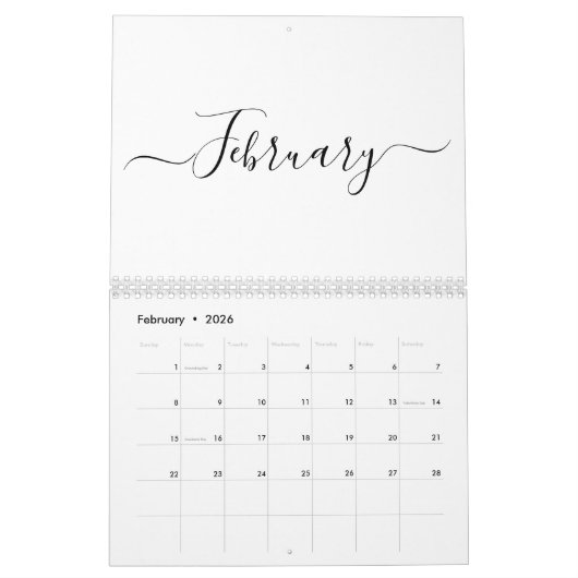 Calendrier Simple moderne blanc et noir script mois personnal (Feb 2026)