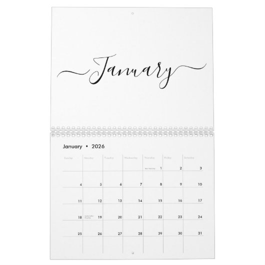 Calendrier Simple moderne blanc et noir script mois personnal (Jan 2026)