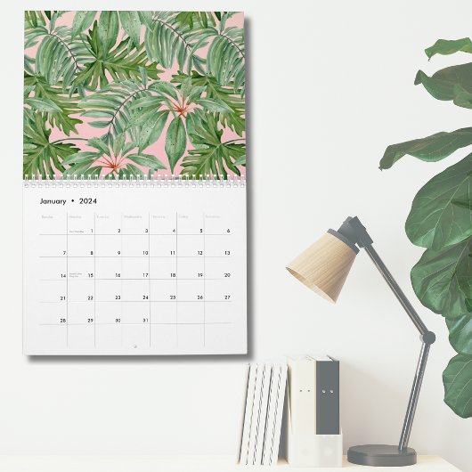 Calendrier Simple moderne Palme rose Tropical Mur Feuille