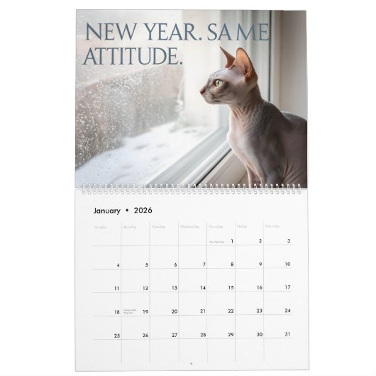 Calendrier Sphynx Speaks: Editable Monthly Cat Humor Art (Jan 2026)