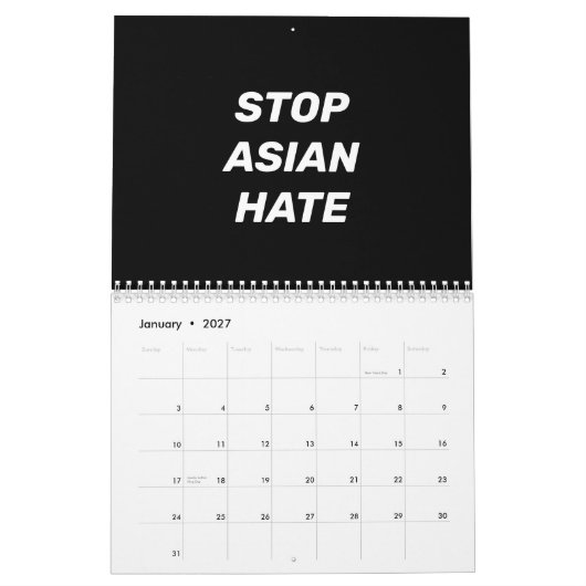 Calendrier Stop Asian Hate noir et blanc typographie moderne (Jan 2027)