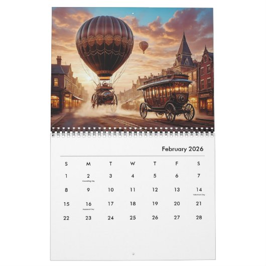 Calendrier Stylo esthétique Cool rétro Cogs Gears Steampunk (Feb 2026)