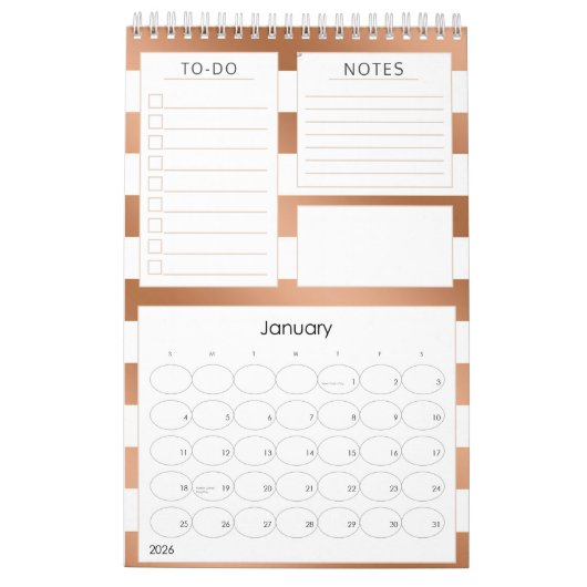 Calendrier Tendance Rose Gold Stripes Annuel Mois Planner (Jan 2026)