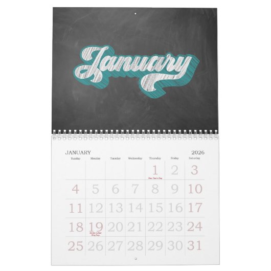 Calendrier Typographie du tableau (Jan 2026)