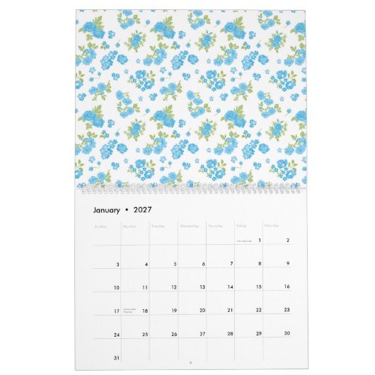Calendrier un arrière - plan blanc aux fleurs bleues et au le (Jan 2027)