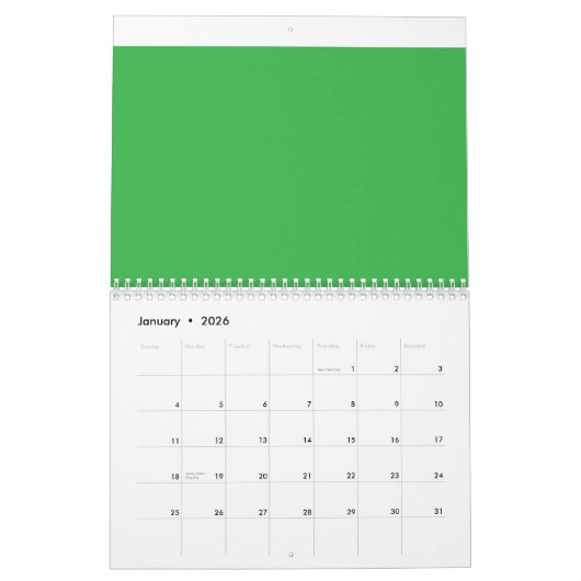 Calendrier un arrière - plan vert avec une bordure blanche (Jan 2026)