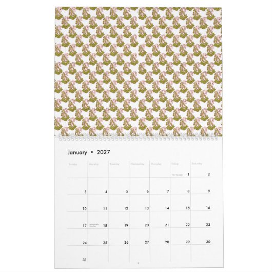 Calendrier un arrière - plan vert et blanc avec de petits feu (Jan 2027)