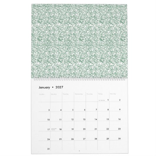 Calendrier un arrière - plan vert et blanc avec de petits feu (Jan 2027)