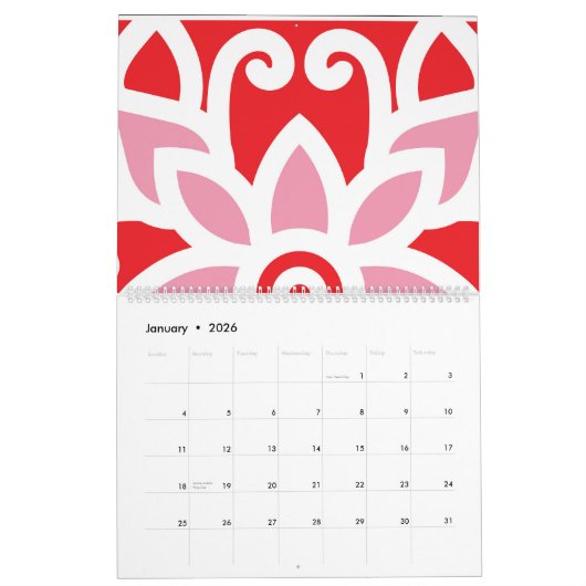 Calendrier un motif rouge et blanc avec une fleur (Jan 2026)