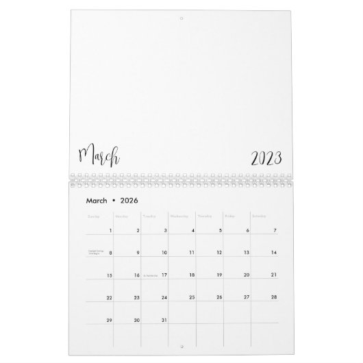 Calendrier vide 2023 avec texte (Mar 2026)