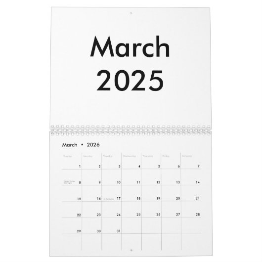 Calendrier vierge 2025 Avec Mois (Mar 2026)