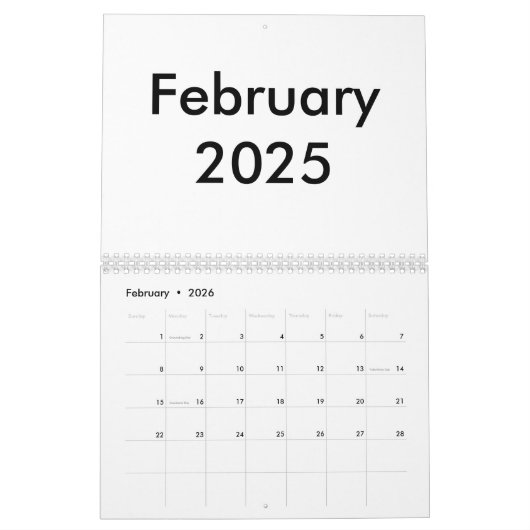 Calendrier vierge 2025 Avec Mois (Feb 2026)