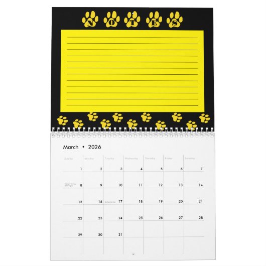 Calendrier visage de chat noir avec notes (Mar 2026)