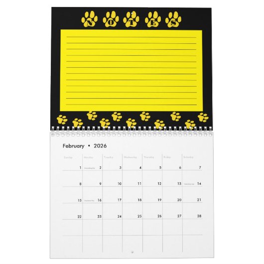 Calendrier visage de chat noir avec notes (Feb 2026)