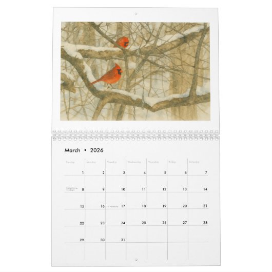 Calendrier Watercolor Cardinals 2026 (Mar 2026)