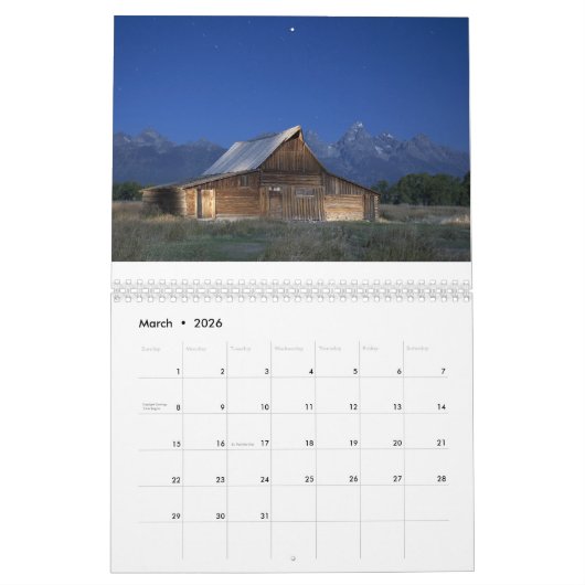 Calendrier Yellowstone et Tetons (Mar 2026)