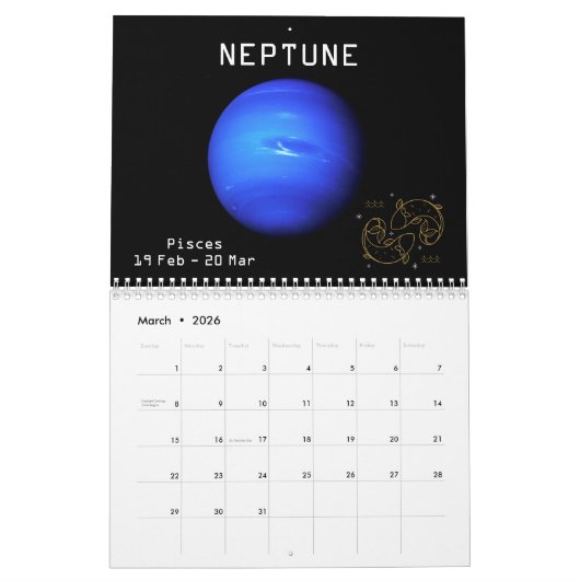 Calendrier Zodiac Planètes Parties scintillant Signes Étoile  (Mar 2026)