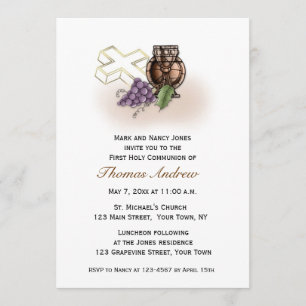 Calice, croix, invitation de communion de raisins