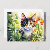 Calico Cat Achter Levendig Potten Plant Briefkaart (Voorkant / Achterkant)