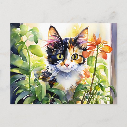 Calico Cat Achter Levendig Potten Plant Briefkaart (Voorkant)