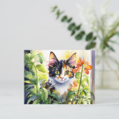 Calico Cat Achter Levendig Potten Plant Briefkaart (Staand voorkant)