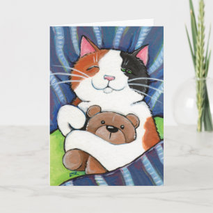 Calico Cat en Teddy Bear Kat art Wenskaart Kaart
