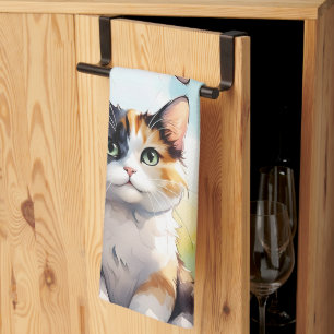 Calico Cat in de voorjaarstuin met vlinders Theedoek